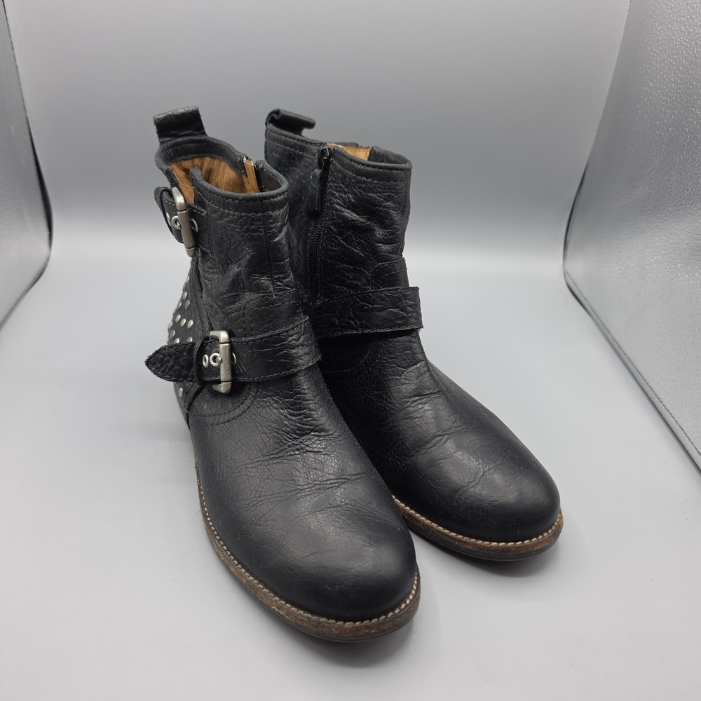 Naya Agatha Boots Womens 10 Black Leather Combat Biker Moto‎ Studded Buckles